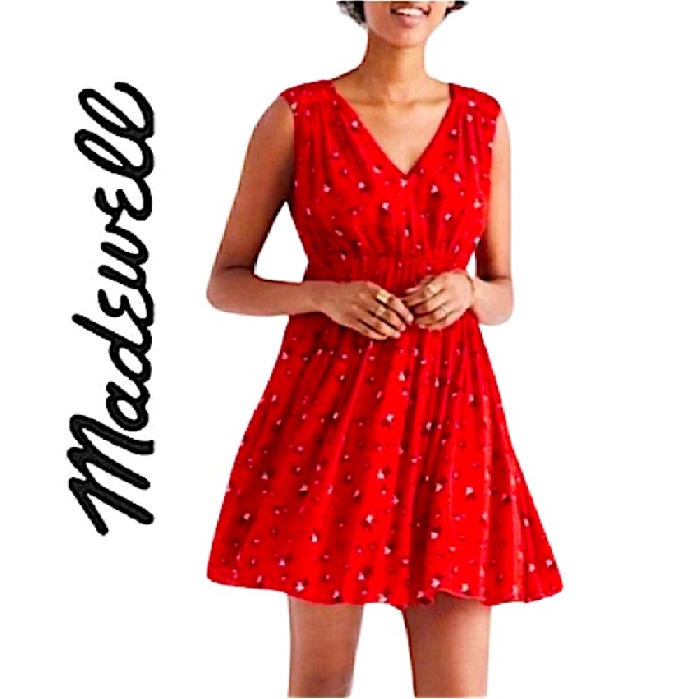 MADEWELL. NWOT. “Magnolia” Tie Back Midi Dress. Red Floral. Sleeveless V-neck.L